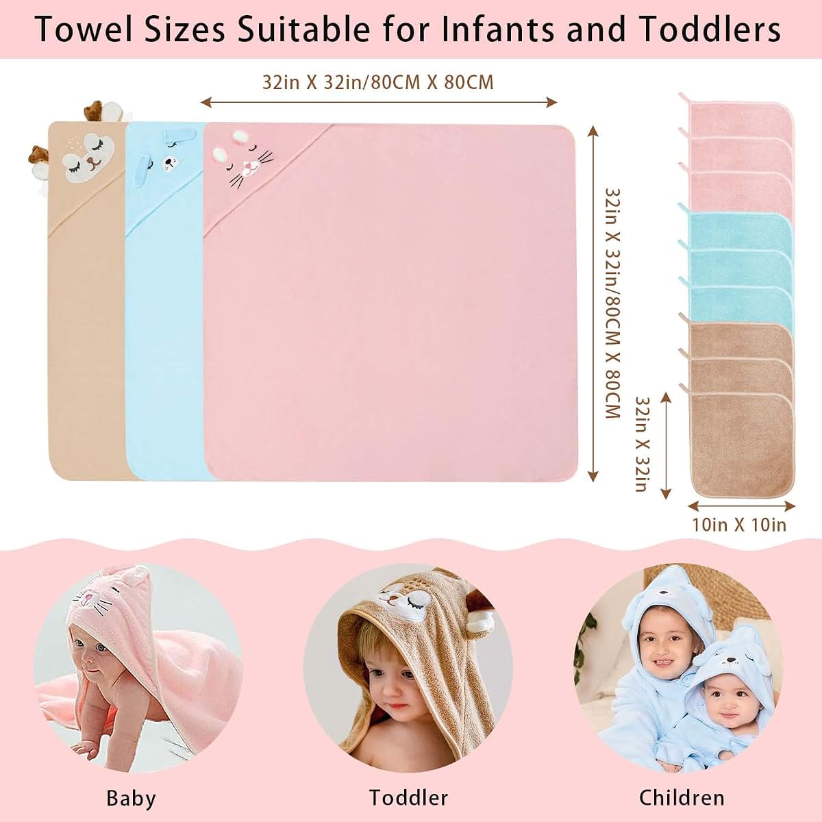 ＤＲＵＮＳＰＤＳ 12 PCS Baby Bath Towels Set, 3 PCS Hooded Baby Towels & 9 PCS Washcloths, 32x32 Inches Ultra Absorbent Cute (photo 2)