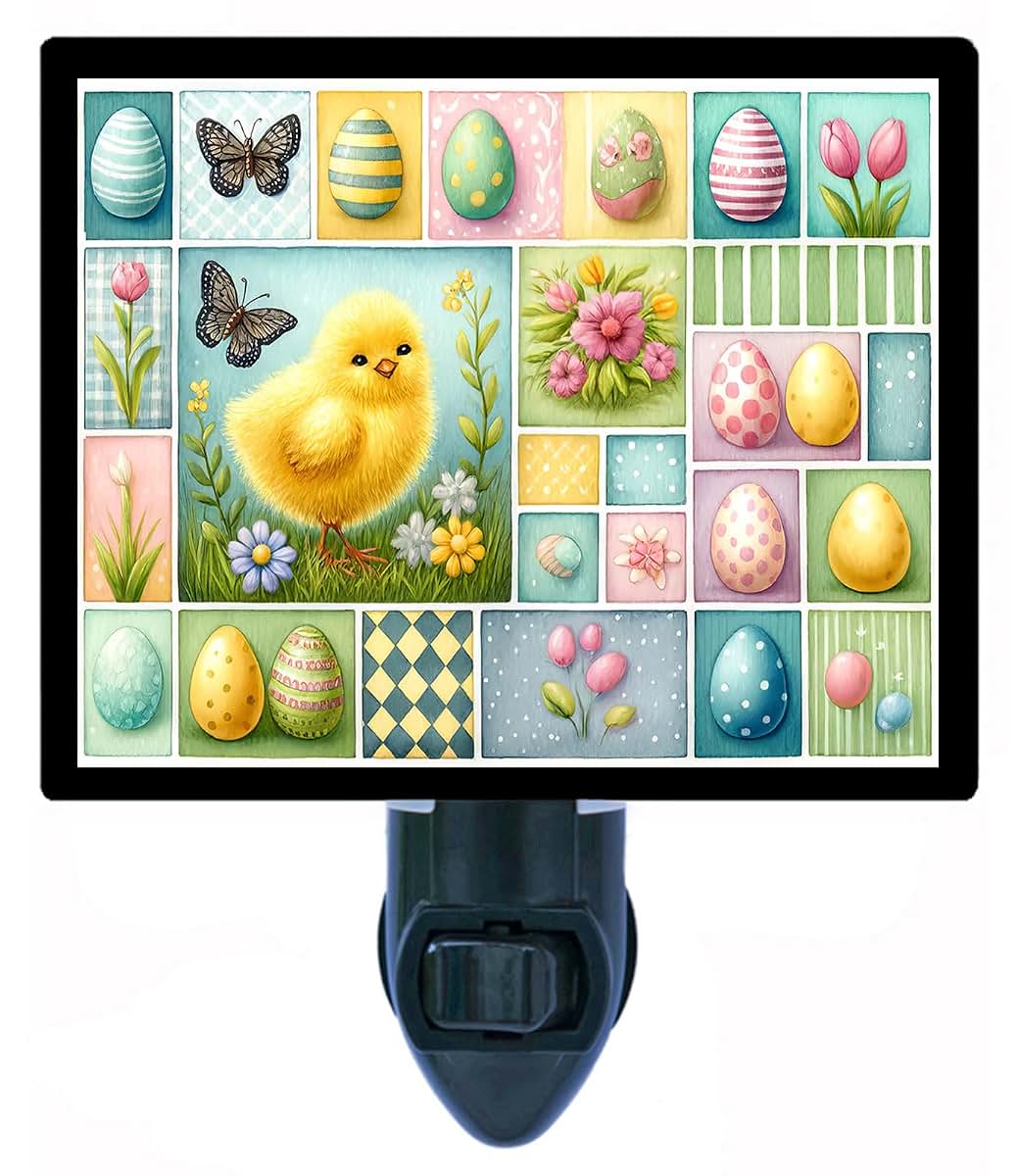 Night Light Designs LED Night Light, Easter Chick Grid – Easter Icons Design, Fully Enclosed, Rotating Plug, Glass Front