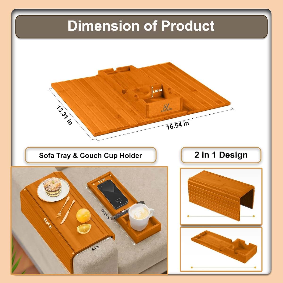 Amzeen Bamboo Couch Cup Holder Tray with Coasters
