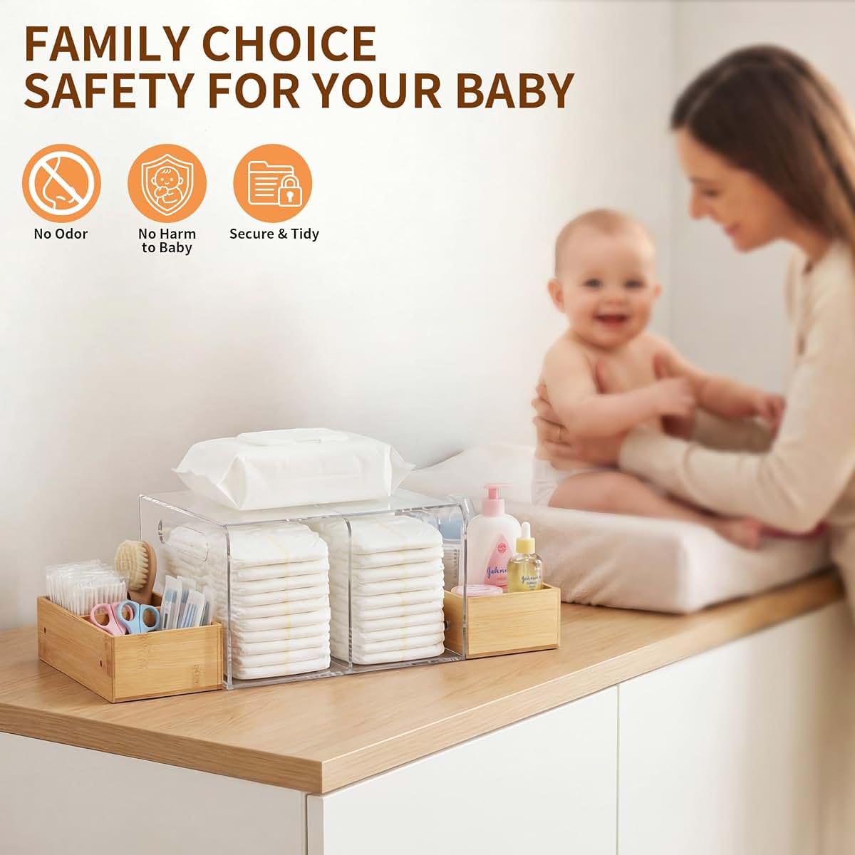 Cacholiv Acrylic Diaper Caddy With Handle And 3 Wooden Compartments