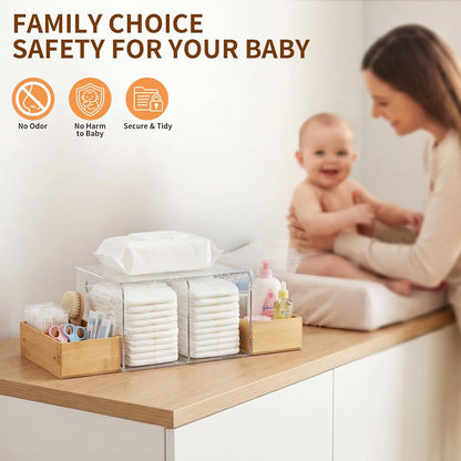 Cacholiv Acrylic Diaper Caddy With Handle And 3 Wooden Compartments