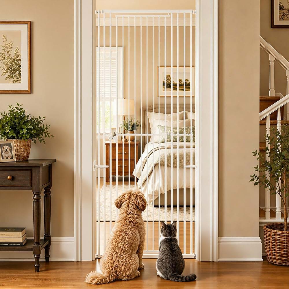 beeNbkks Extra Tall Pet Gate with Dual-Swing Door, 47"-87" Adjustable Height