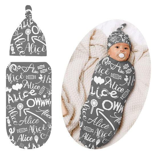 LiSoAkWE Personalized Baby Swaddle Blanket And Matching Hat Set