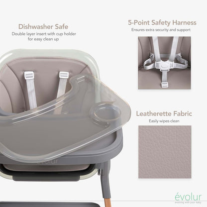 Evolur Tiny Throne 3-in-1 Convertible High Chair, Removable & Dishwasher Safe Tray, Converts to Booster Seat & Adult