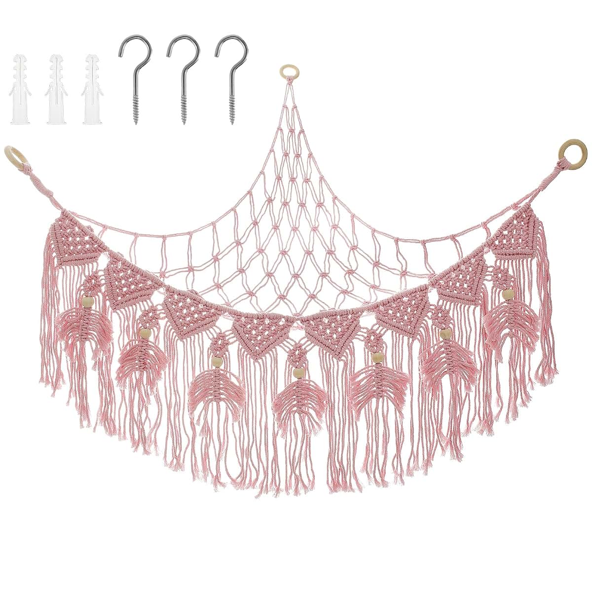 Stuffed Animal Hammock Corner Organizer, Cotton Rope Mesh Net for Nursery, 39.4in Pink