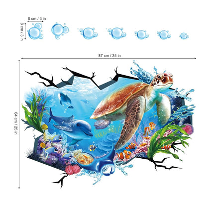 wondever 3D Turtle Under The Sea Wall Decals Ocean Dolphin Wall Stickers