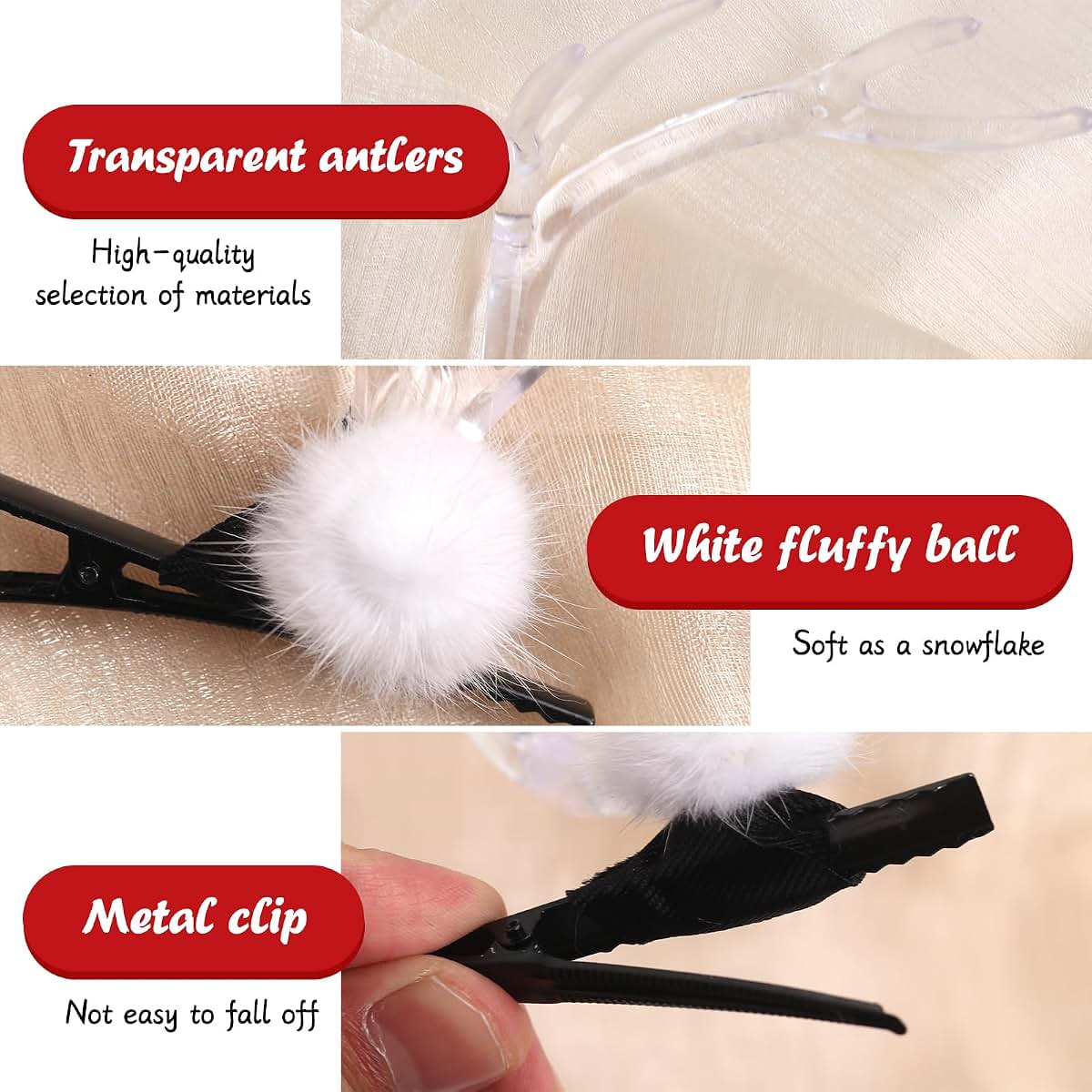 Christmas Antler Hair Clips Transparent Design With White Fur Balls