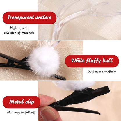 Christmas Antler Hair Clips Transparent Design With White Fur Balls