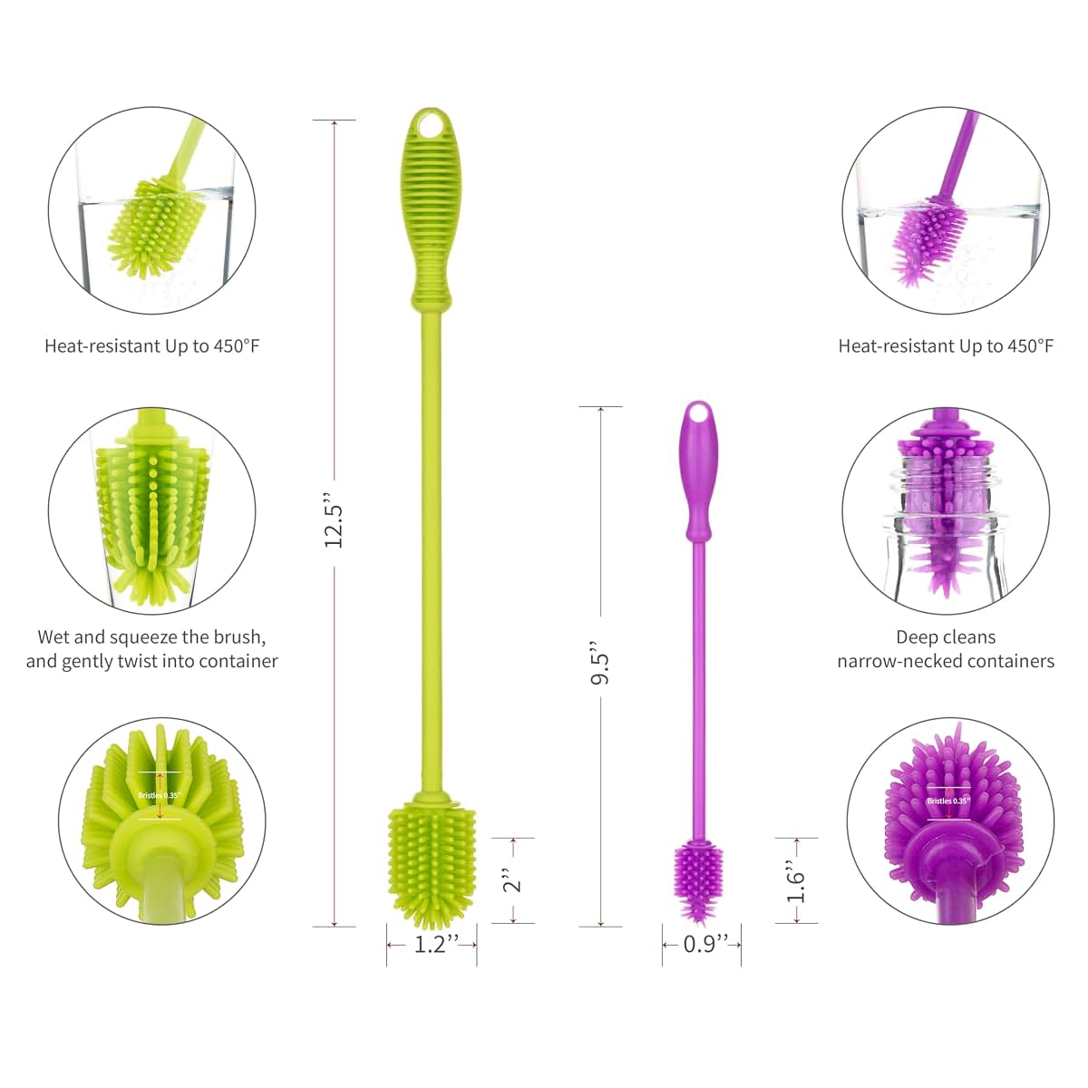 A-Brush Silicone Bottle Cleaner Brush, 2 Piece Set, Flexible, Long Handle - Water Bottle Cleaner, Baby Bottle Nipple (photo 2)