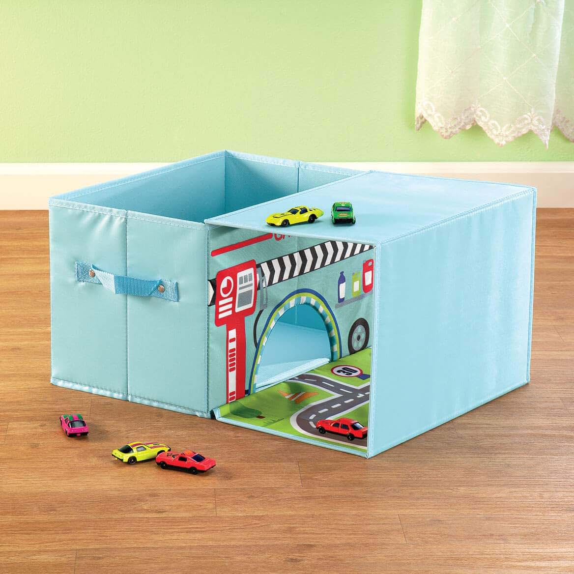 Fox Valley Traders Foldover Toy Box with Play Mat, Blue Garage