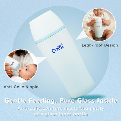 COMI Glass Baby Bottle, Includes Insulated Stainless Steel Sleeve, Newborn Anti-Colic Baby Bottle with Slow Flow (photo 2)