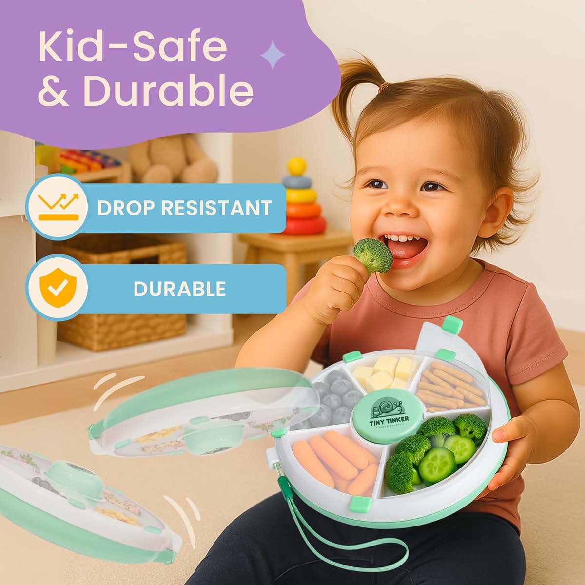 Tiny Tinker Snack Spin Container for Toddlers with Lid, Small 5-Compartment Durable, Portable, Leak-Proof – Easy to (photo 4)