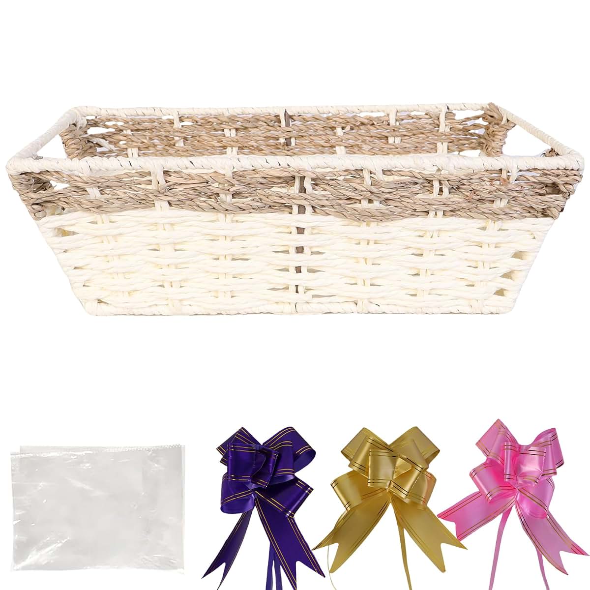 TORMAYS HOME Cute Handwoven Gift Basket with Gift Bag and Ribbon, Empty Metal Frame Organizer Box for Baby Shower