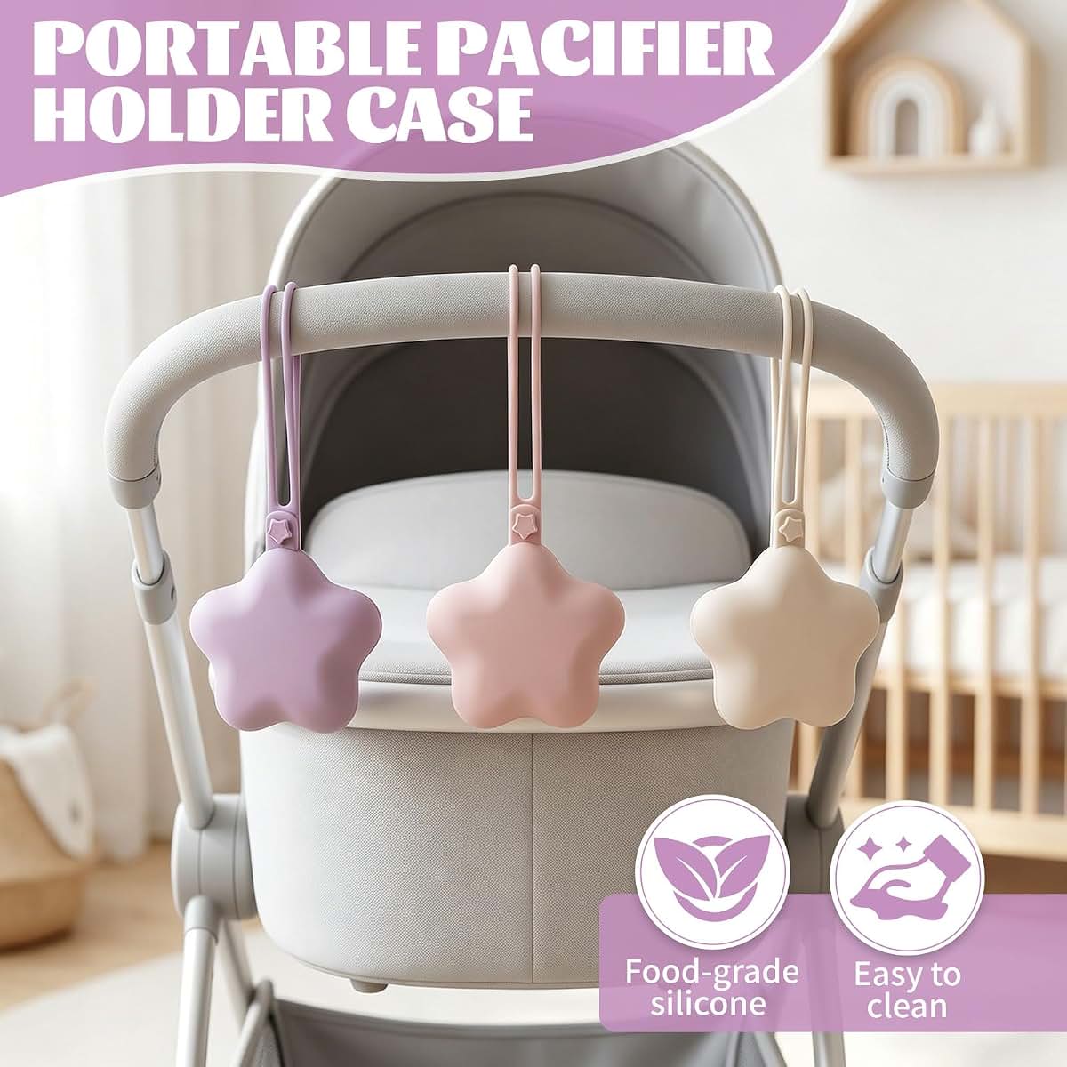 Truzoig 3 Pcs Multicolor Silicone Pacifier Holder Cases for Diaper Bag with Leash