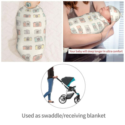 Muishi Hand Drawn Cameras Newborn Swaddle Blanket and Hat Set, 0-6 Months