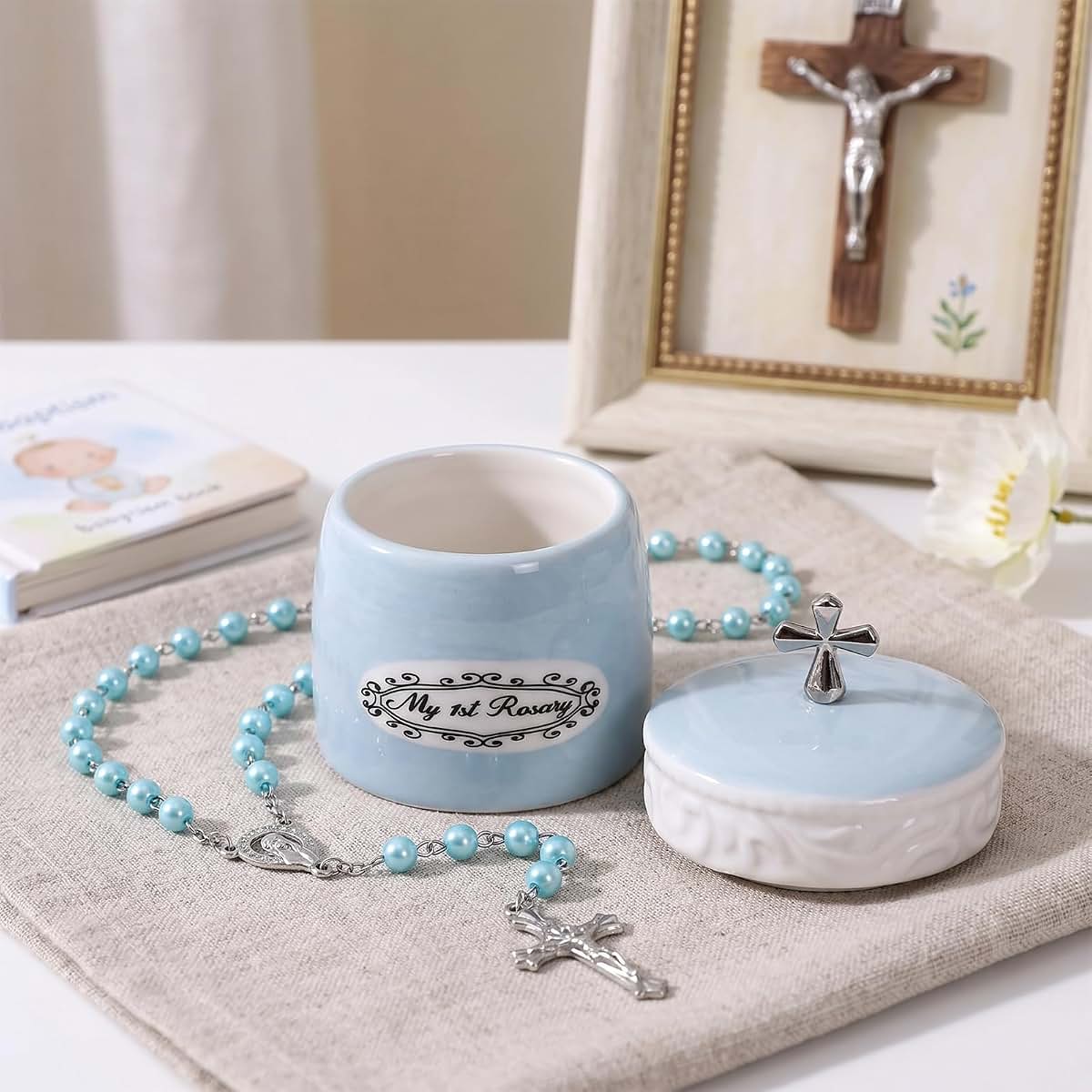 Grandeco My First Rosary Cross Keepsake Box And Rosary Set, Blue (photo 4)