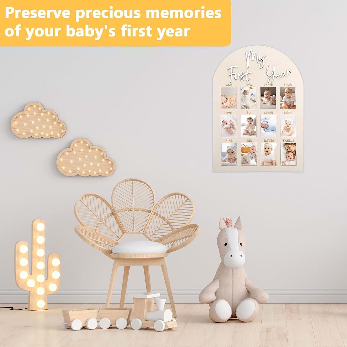 HooYiYuuX My First Year Photo Board, Wooden 12-Month Milestone Picture Frame