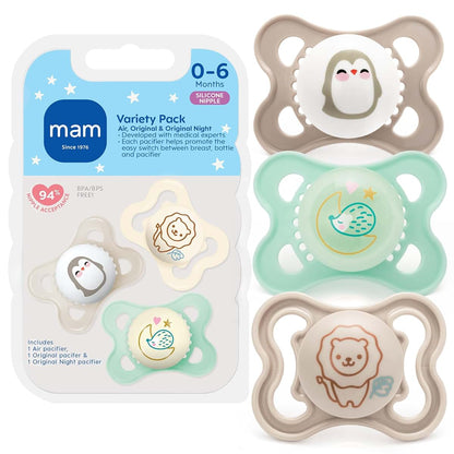 MAM Pacifier 0-6 Months Variety Pack, 3 Pack Silicone Nipple, Glow In The Dark