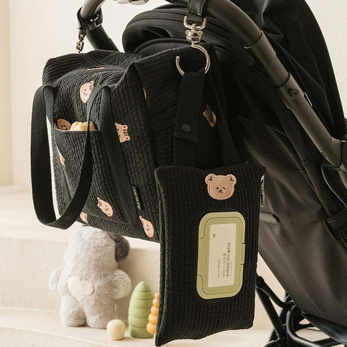 Baby Wipes Dispenser, Cotton Embroidered Bear Wipe Pouch for Diaper Bag, Black