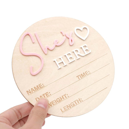 She's Here Wooden Sign - Gender Reveal Birth Announcement Board, Newborn Photo Prop