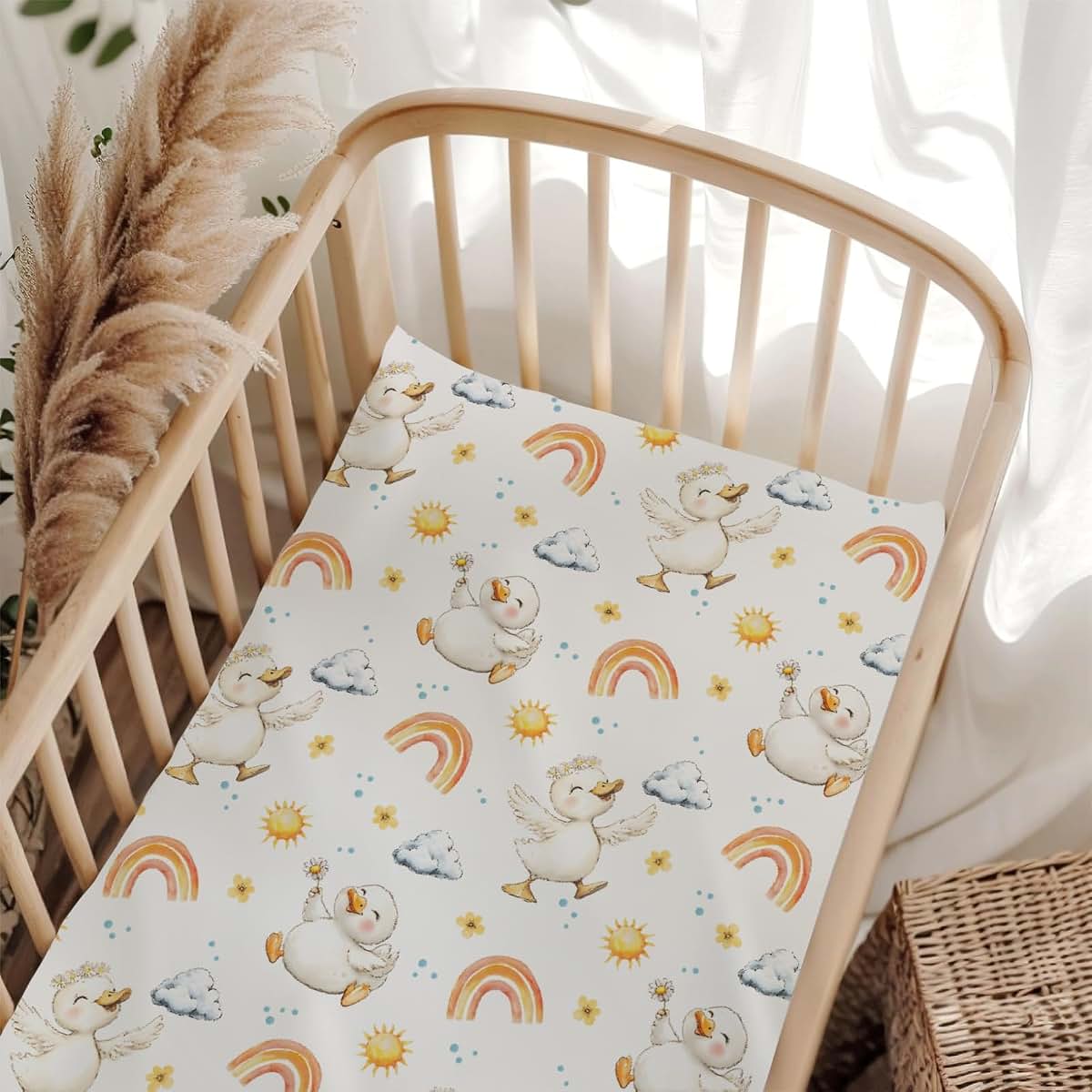Cute Duck Rainbow Floral Sun Fitted Crib Sheet 28x52 Inch Standard Crib and Toddler Mattress