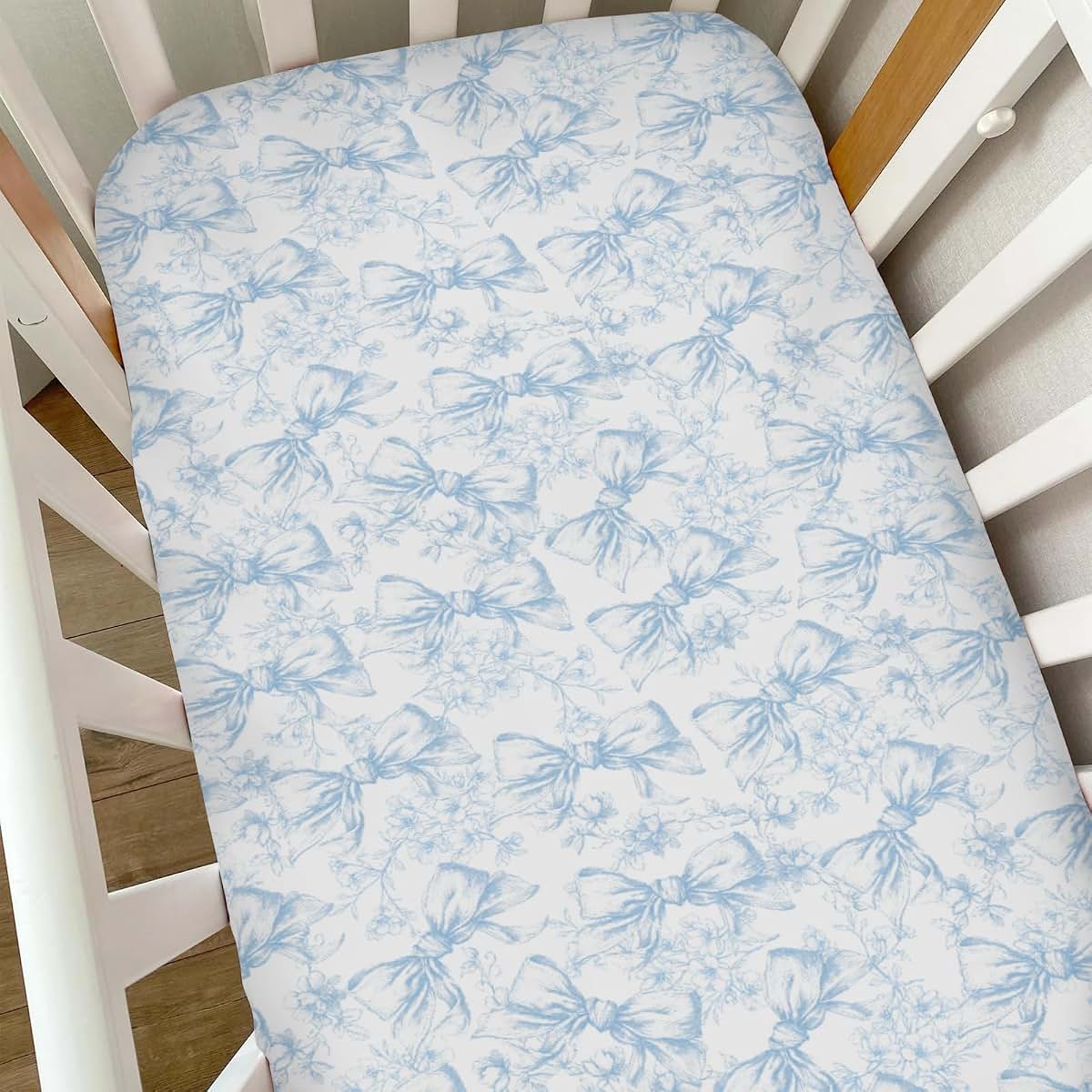 Selgkds Vintage Blue Chinoiserie Flower Bows Baby Crib Sheets for Girls Retro Floral Bows Soft Snug Fitted Crib