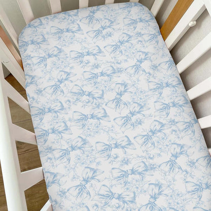 Selgkds Vintage Blue Chinoiserie Flower Bows Baby Crib Sheets for Girls Retro Floral Bows Soft Snug Fitted Crib