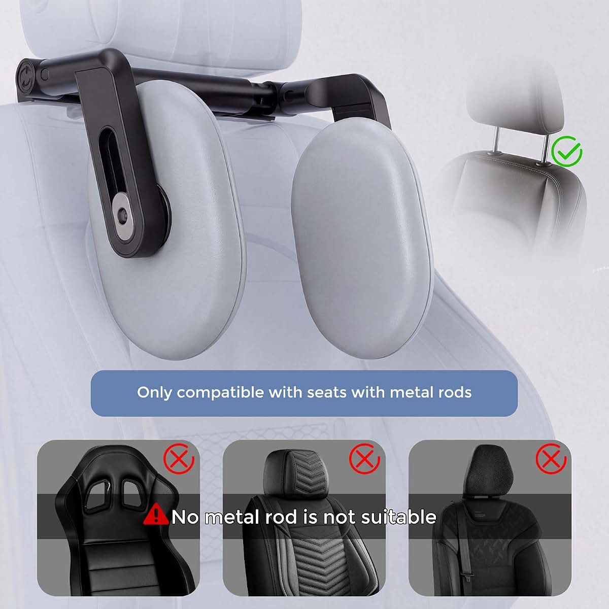 Zurefano Adjustable Car Headrest Pillow with Hooks, Grey