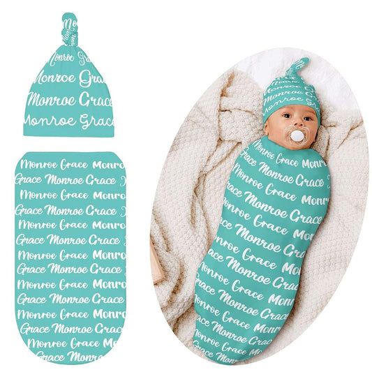 LiSoAkWE Teal Personalized Newborn Swaddle Blanket Hat Set,Soft and Stretchy Baby Blanket Swaddle Sack Gift for Boy