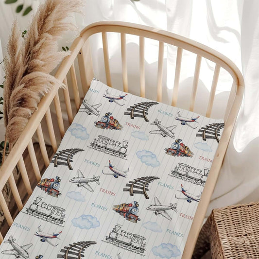 Wicbfdfv Cute Airplanes Train Railroad Baby Crib Sheet for Boys & Girls 52x28Inch Vintage Planes Trains Cloud Fitted