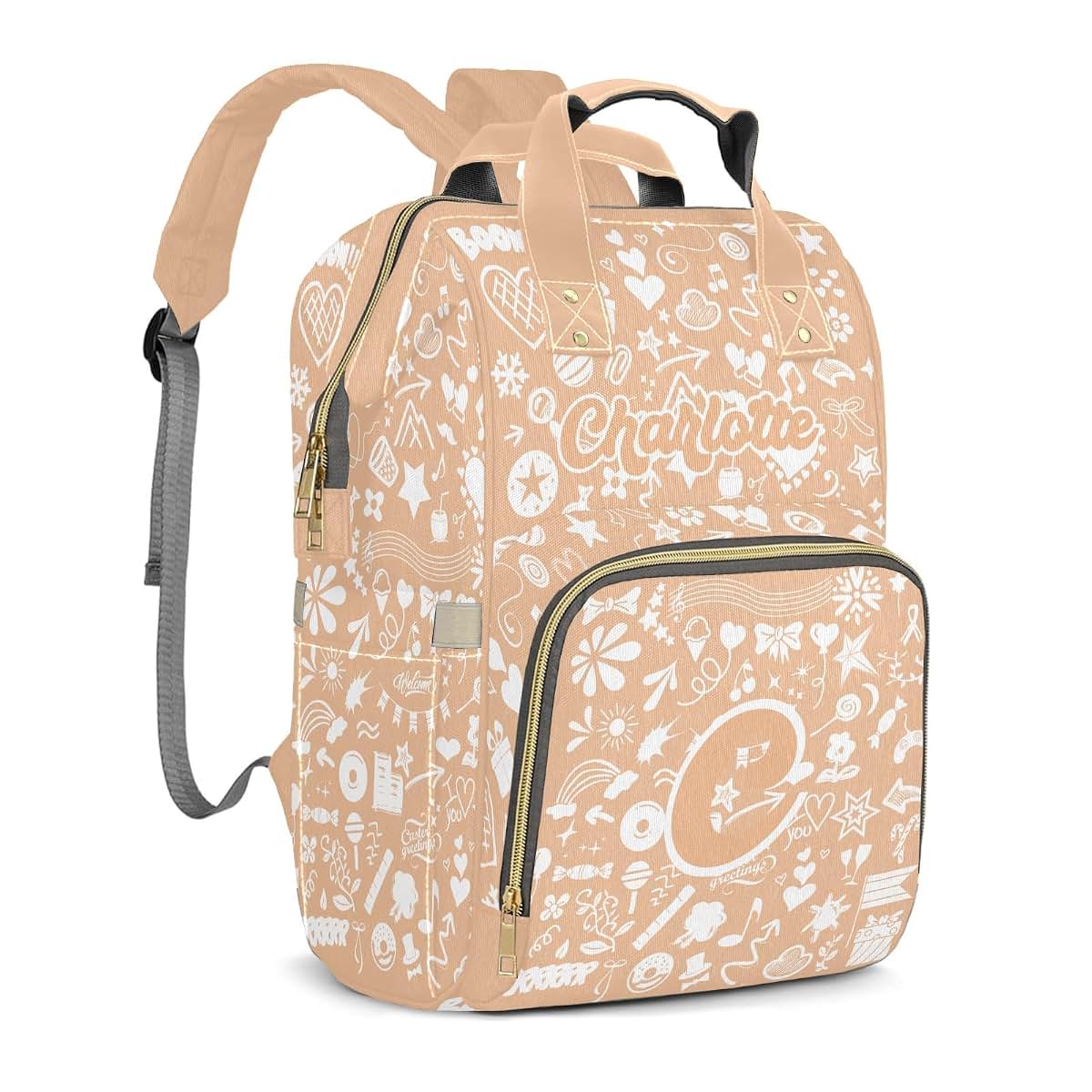 YallLocoMo Custom Name Diaper Bag Backpack Gift Light Orange Heart Multifunction Travel Backpack Nappy Bag Daypack for (photo 2)