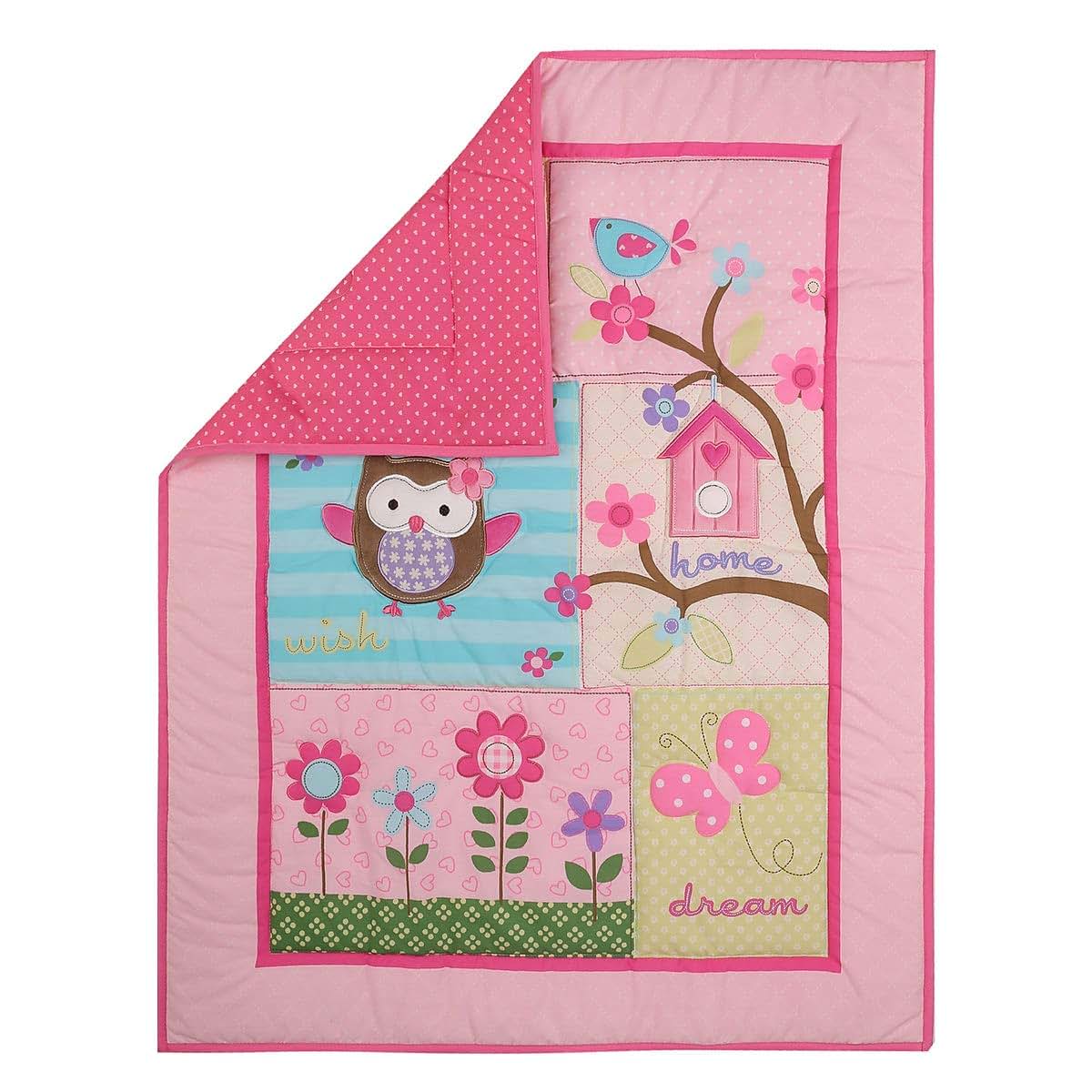 CribMATE 3 Pieces Pink Floral Owl Nursery Crib Bedding Set (photo 3)