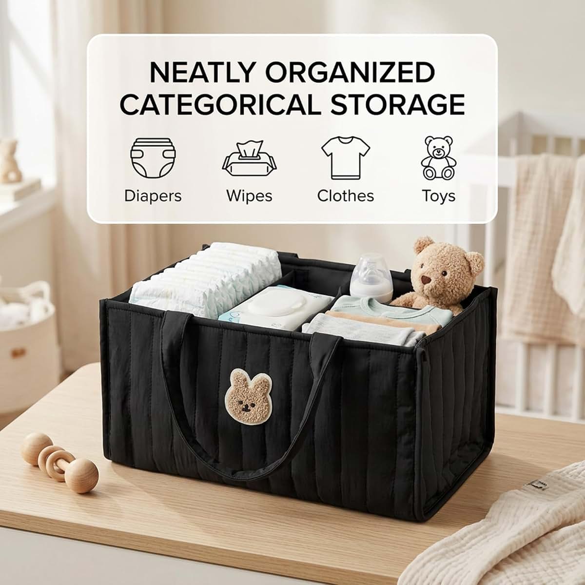 AwnsIMfreien Diaper Caddy, Quilted with Handles, Black, 1 Count, Quilted Basket (photo 4)
