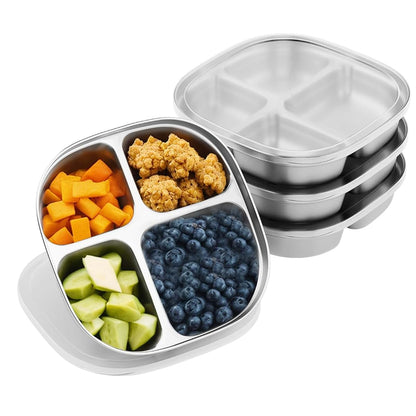 Hyperzacc Stainless Steel Kids Plates, Set of 4 with Lids, 4 Compartments, Dishwasher Safe