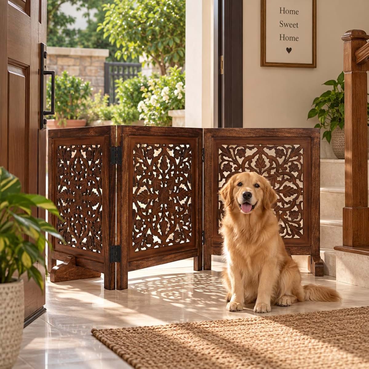 Woodify Dog Gate Freestanding 60x24 Folding 3 Panel, Natural Burnt