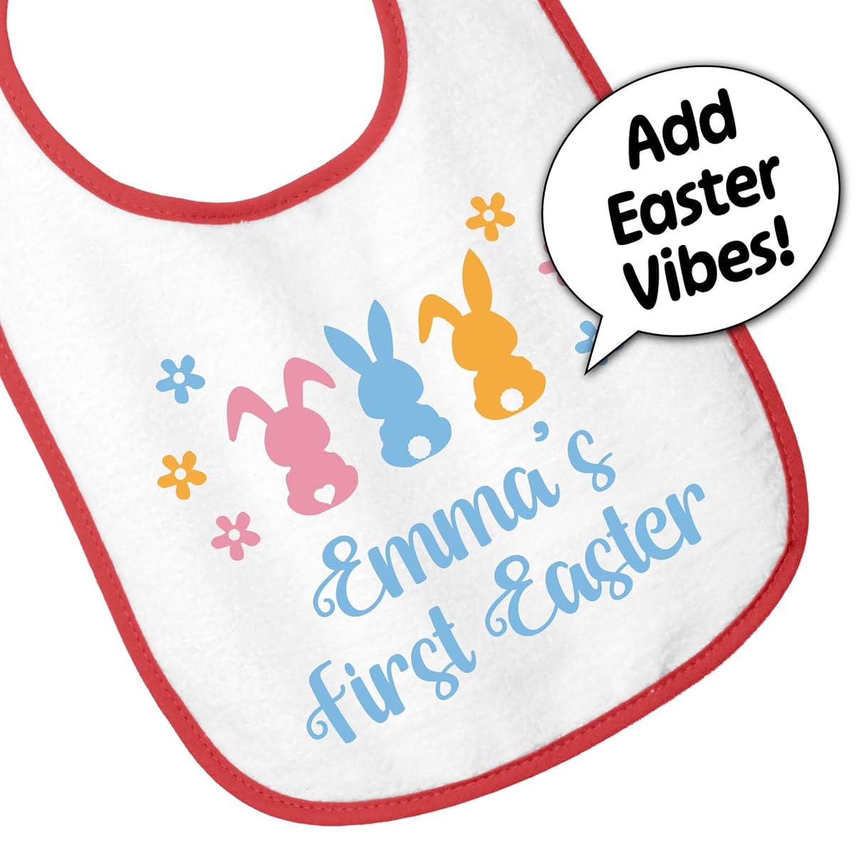 Smiling Jindo Personalized Easter Baby Bib – Pastel Bunny Trio Design with Custom Text – Soft Cotton Terry (photo 4)