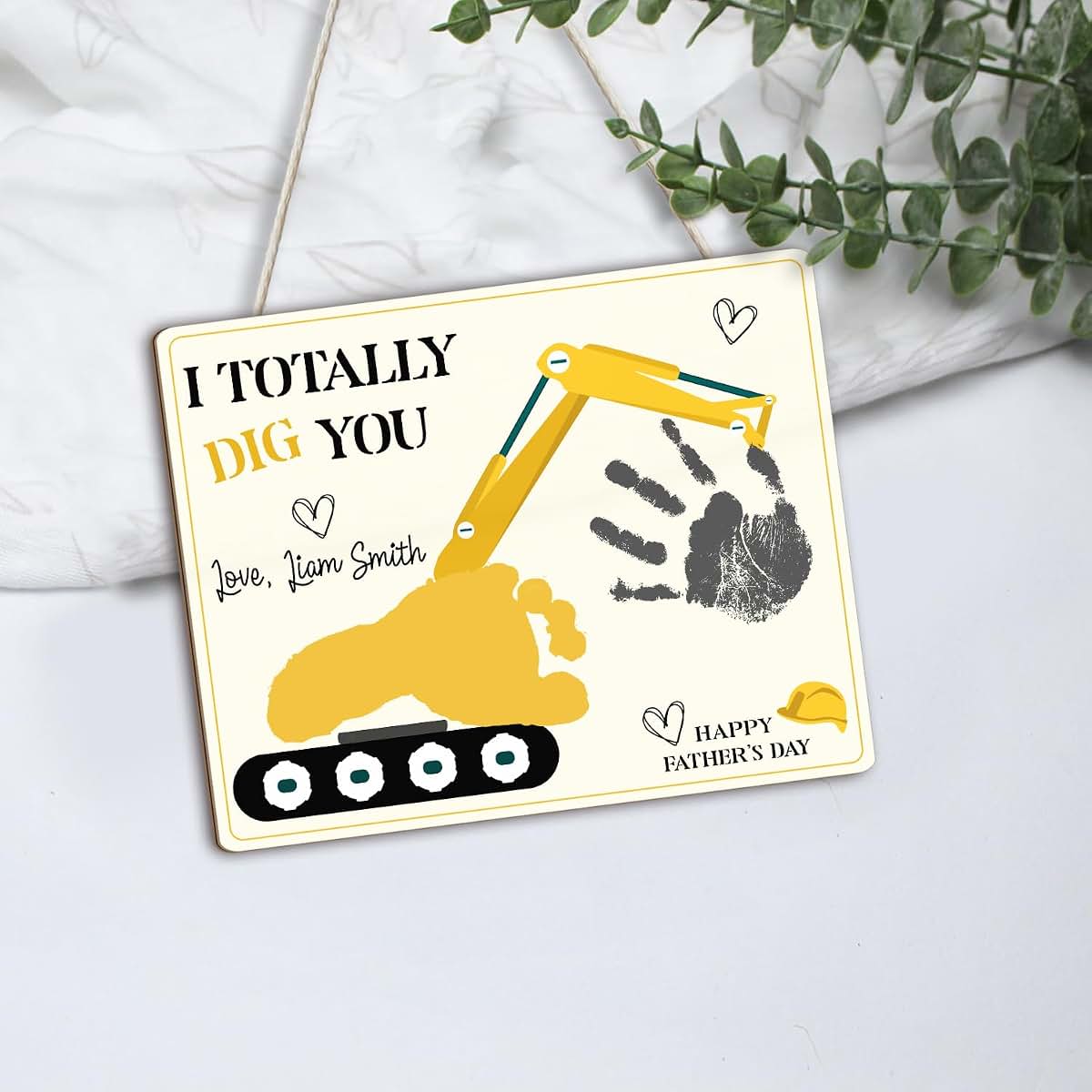 BEETHIS Custom DIY Baby Footprint Excavator Craft for Kids Plaque Gift for Construction Dad, Baby's First Father Day