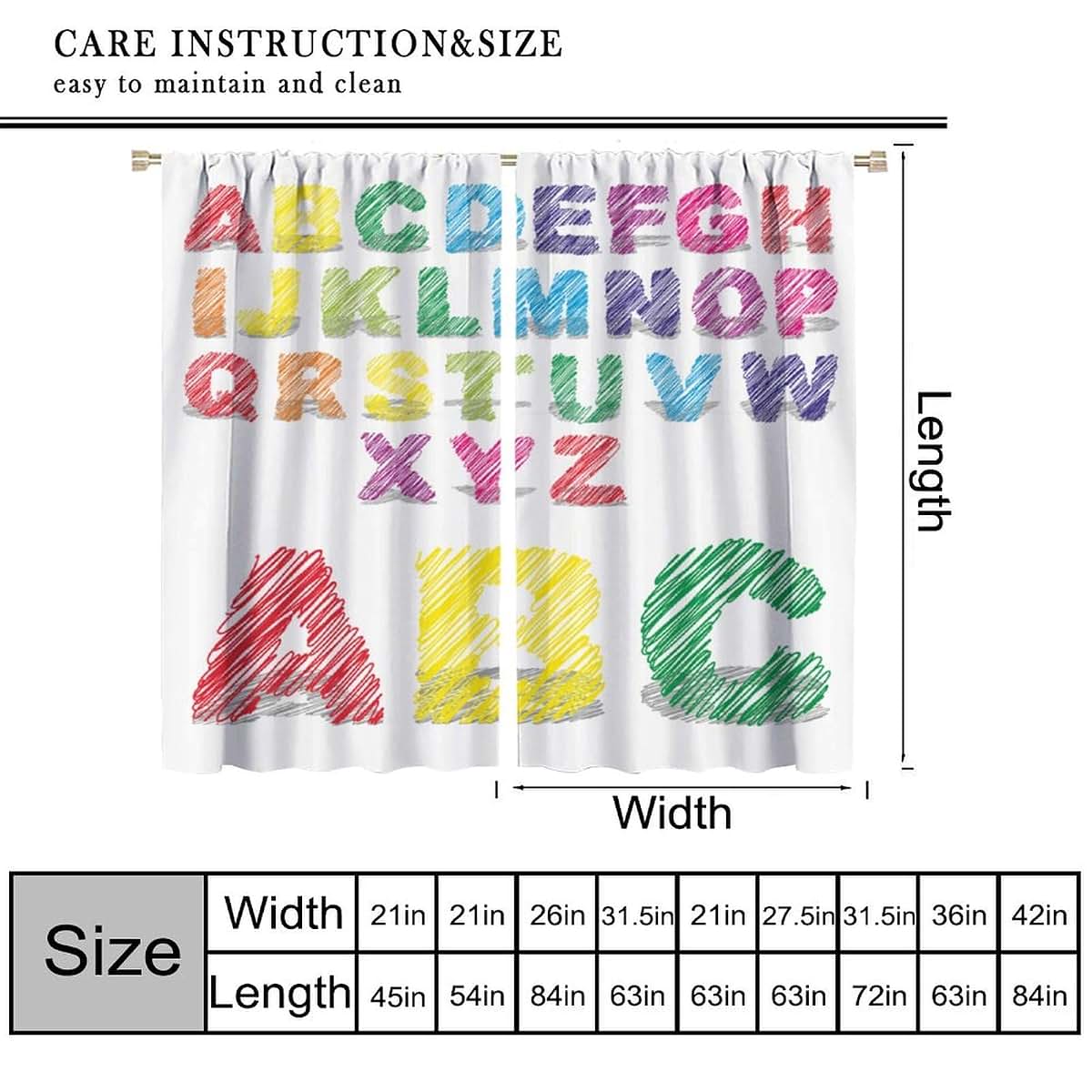 SENRUEGT ABC Alphabet Kids Bedroom Curtains, 42x45 inch