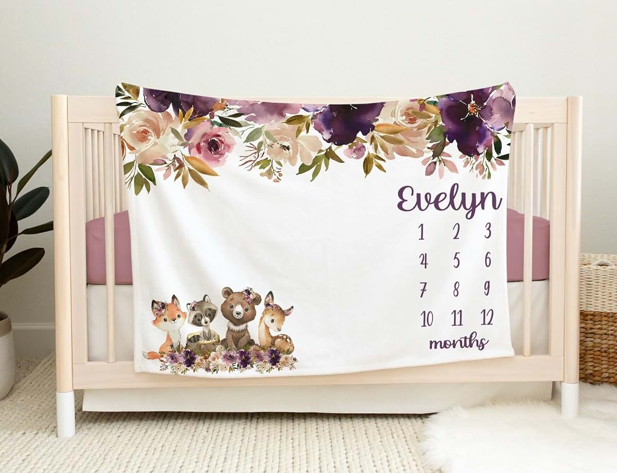 UnoCo Floral Woodland Milestone Blanket Girl, Forest Animals Baby Month Blanket, Personalized Baby Girl Shower Gift (photo 2)