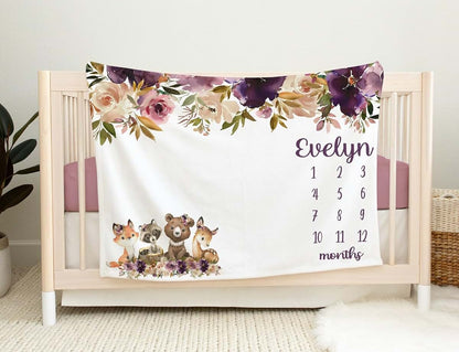 UnoCo Floral Woodland Milestone Blanket Girl, Forest Animals Baby Month Blanket, Personalized Baby Girl Shower Gift (photo 2)