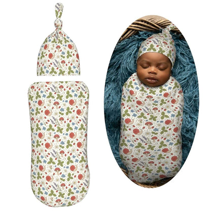 Muishi Swaddle Blanket and Hat Set for Newborns | Wild Strawberry Print
