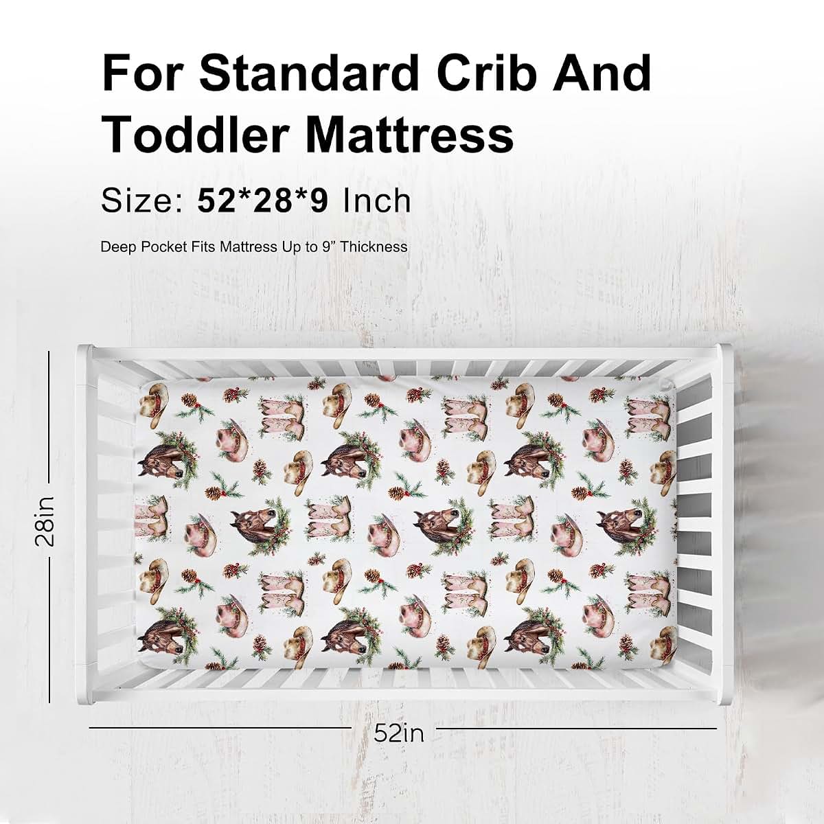 KASTLEE Christmas Cowgirl Western Fitted Baby Crib Sheet, 52x28x9 Inches