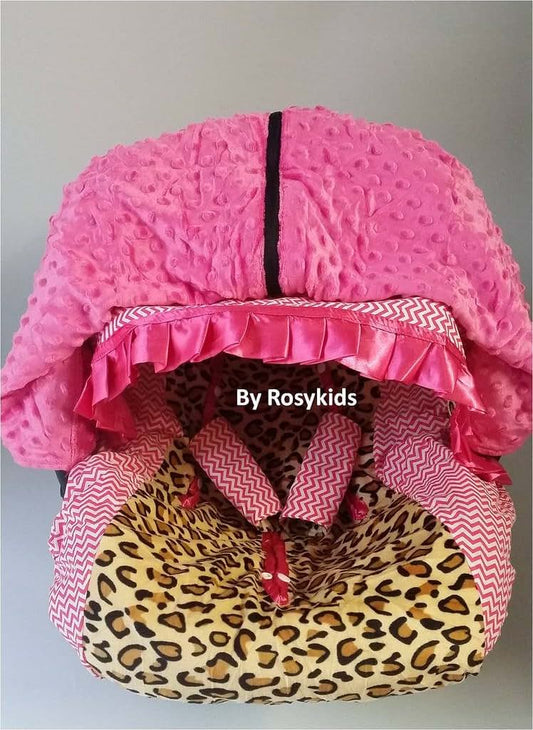 Rosy Kids Infant Car Seat Canopy Cover 4pc Whole Caboodle - Cheetah Print and Hot Pink Chevron