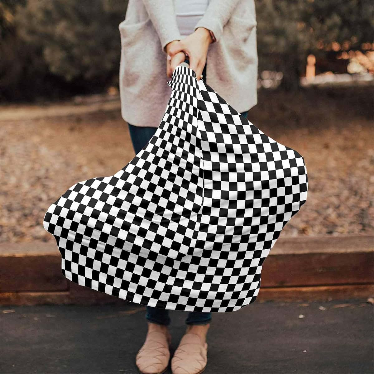 BabyOneStop Nursing Cover for Breastfeeding and Car Seat, Tubular Stretchy Cover, Buffalo Plaid Black White
