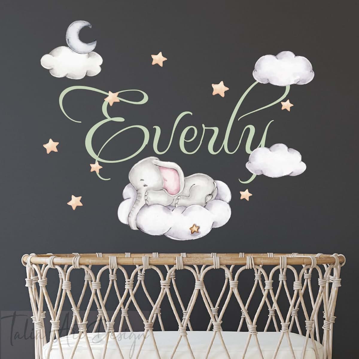 BabyOneStop Personalized Kids Name Watercolor Sleeping Elephant Wall Decals