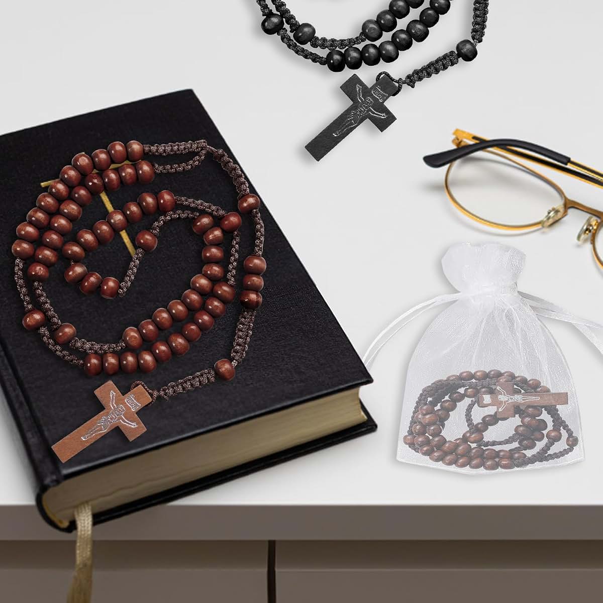 80 Sets Wooden Rosary Beads Bulk 5 Colors with Cross Pendants and Organza Bags