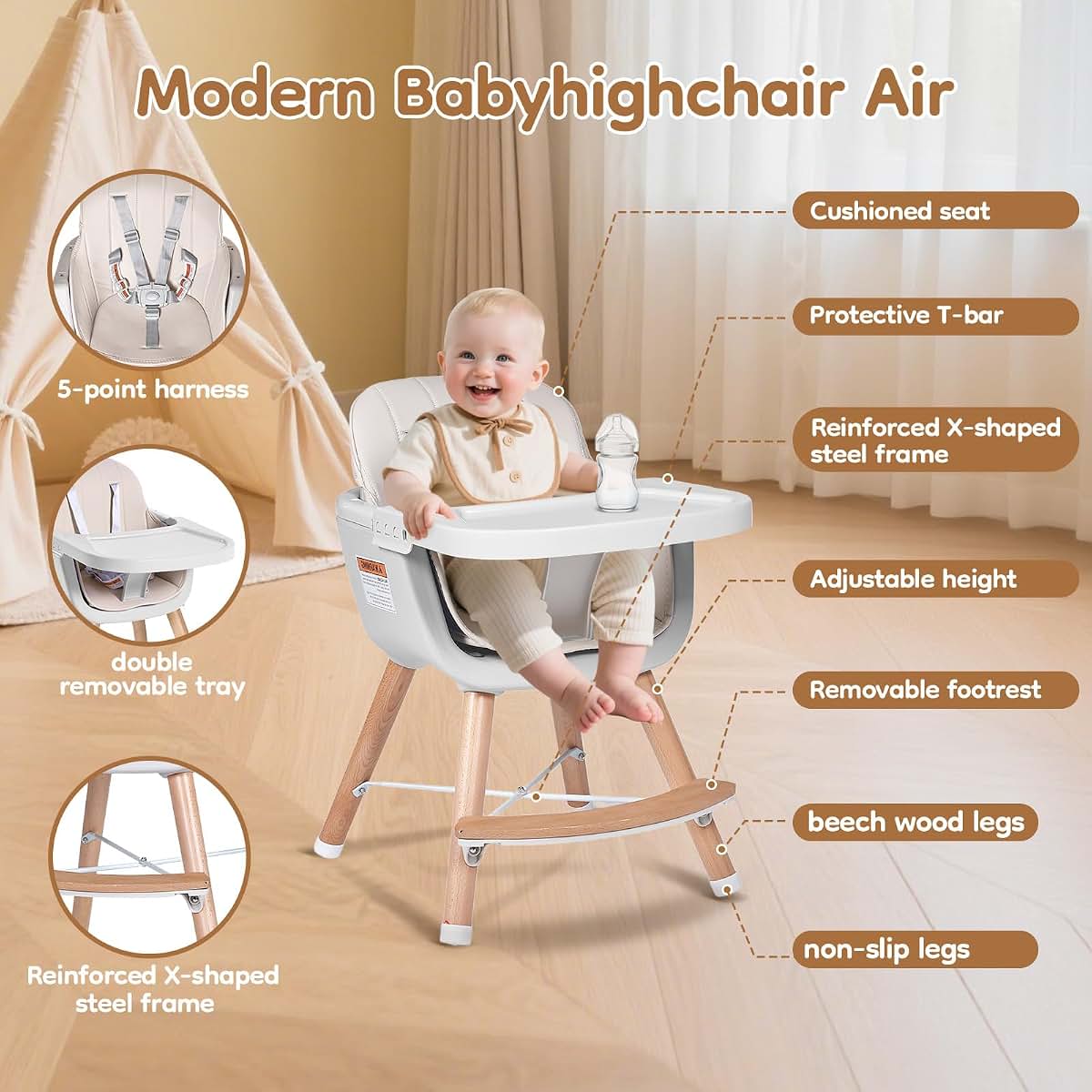 jincheng High Chairs for Babies and Toddlers,3 in 1 Convertible Wooden highchair, Baby High Chair with Adjustable (photo 4)
