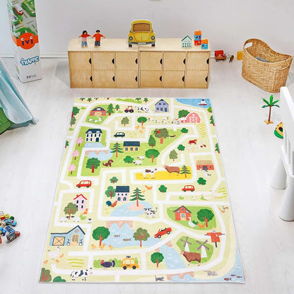 Lacomfy Kids Rug 3x5 Animals Farm Play Mat Road Car Rug for Playroom Classroom Educational Children Rug Nonslip Farm