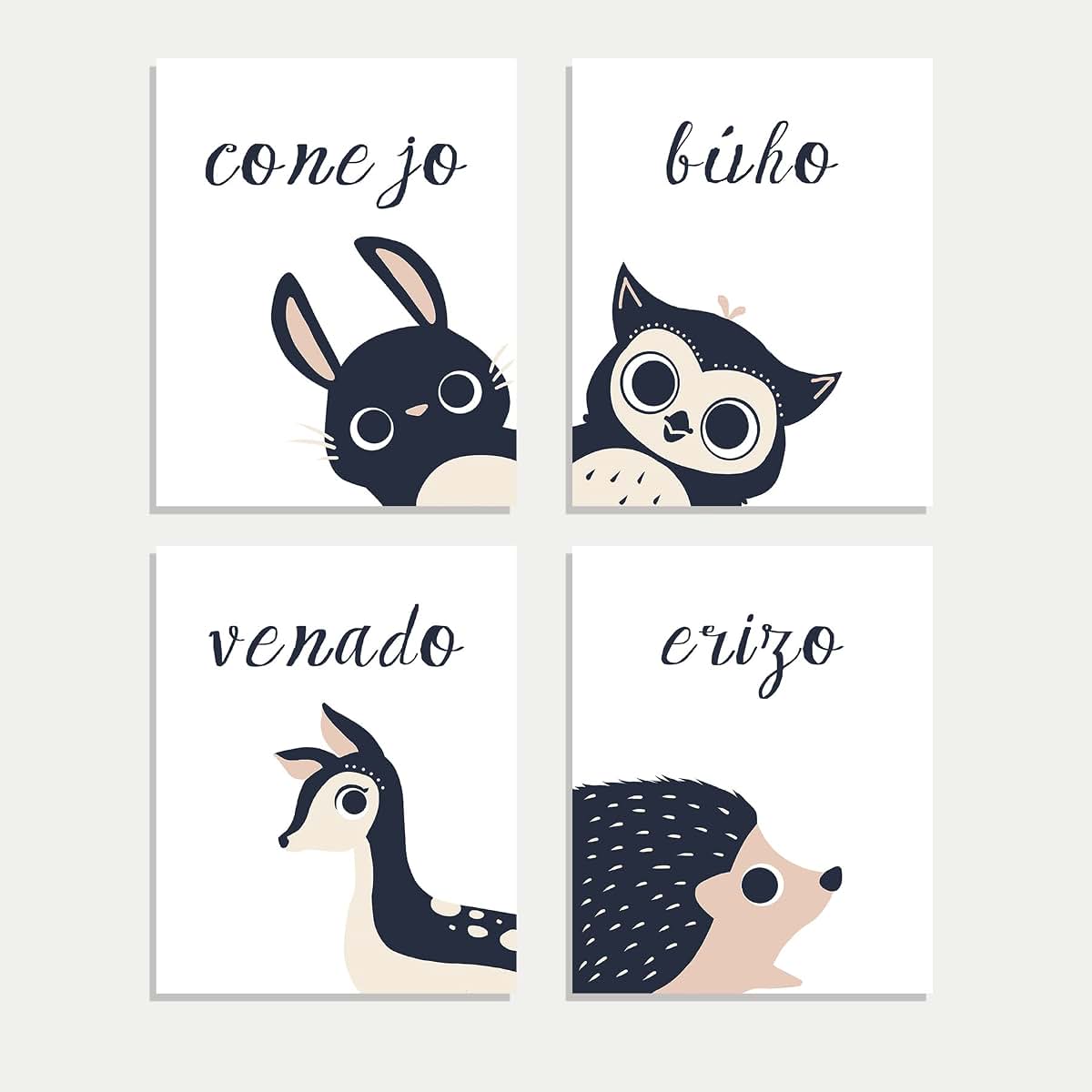 Children Inspire Design Peeking Animal Spanish Wall Art Set of 4 Prints