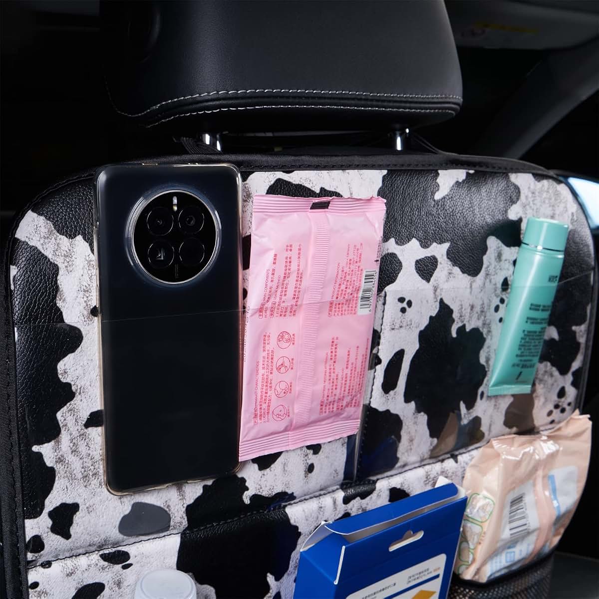 Lsbs Cow Print Car Seat Back Kick Protectors 2 Pack With Storage Pockets